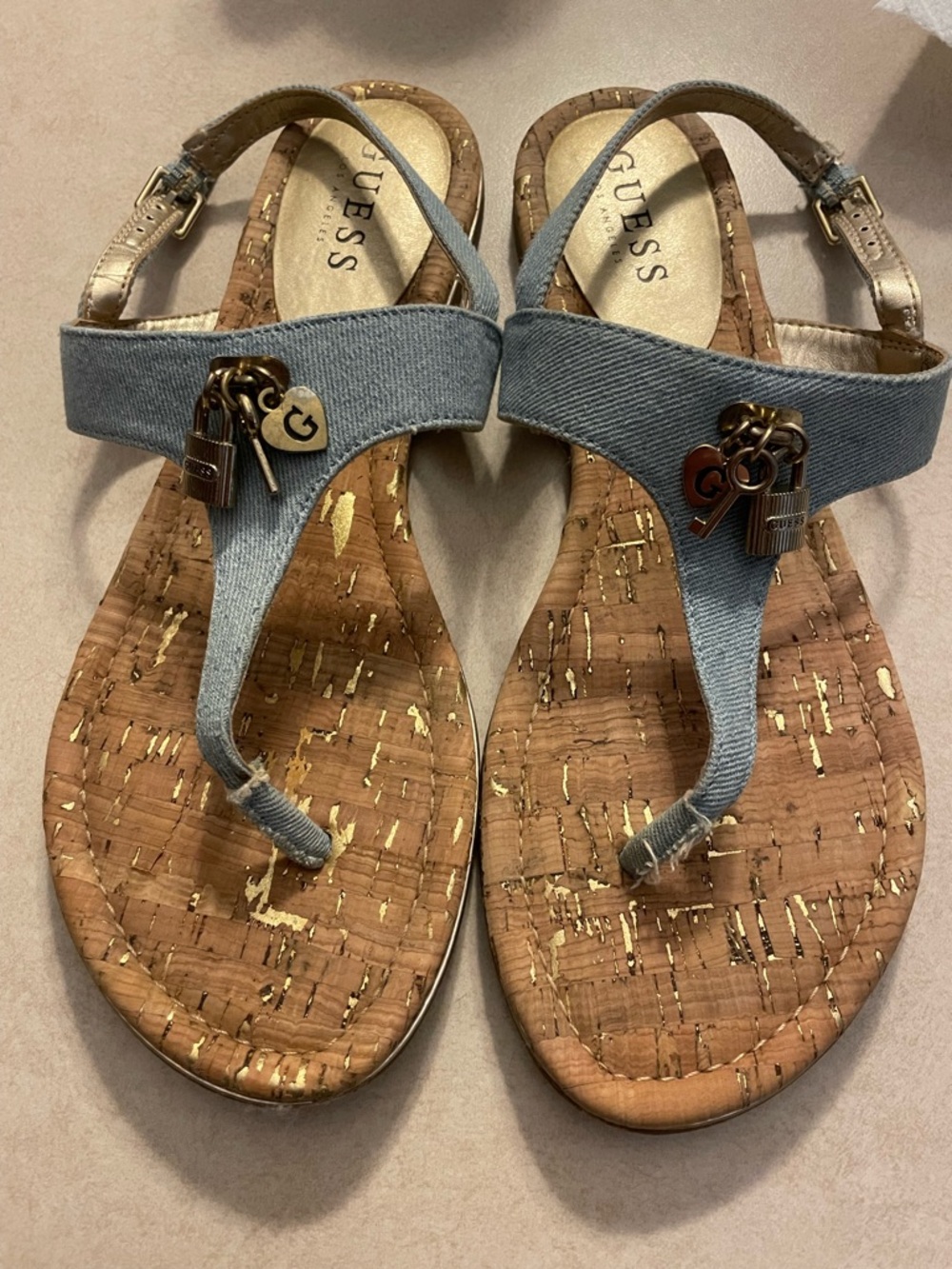 GUESS Light Blue Denim Cork Thong Sandals with Gold Charm Accents